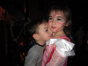 Kids hugging on Halloween